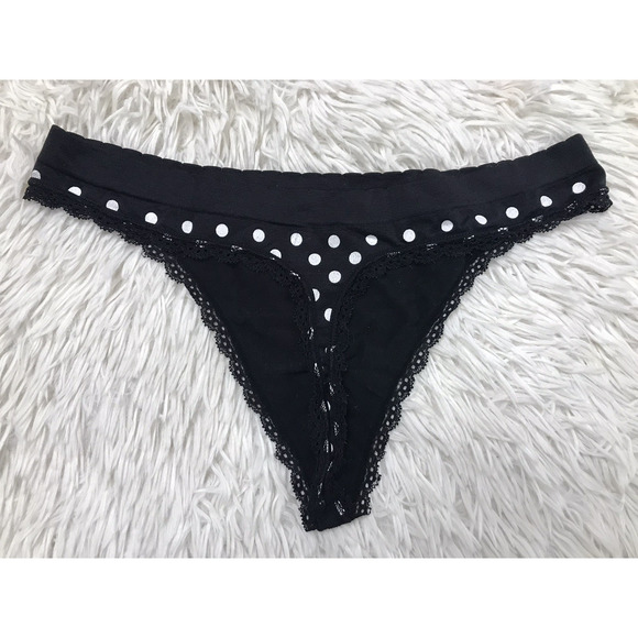 Vintage 2015 Victoria's Secret Black Polka-Dot VS Trim Lace Thong Panties Med - Picture 5 of 6